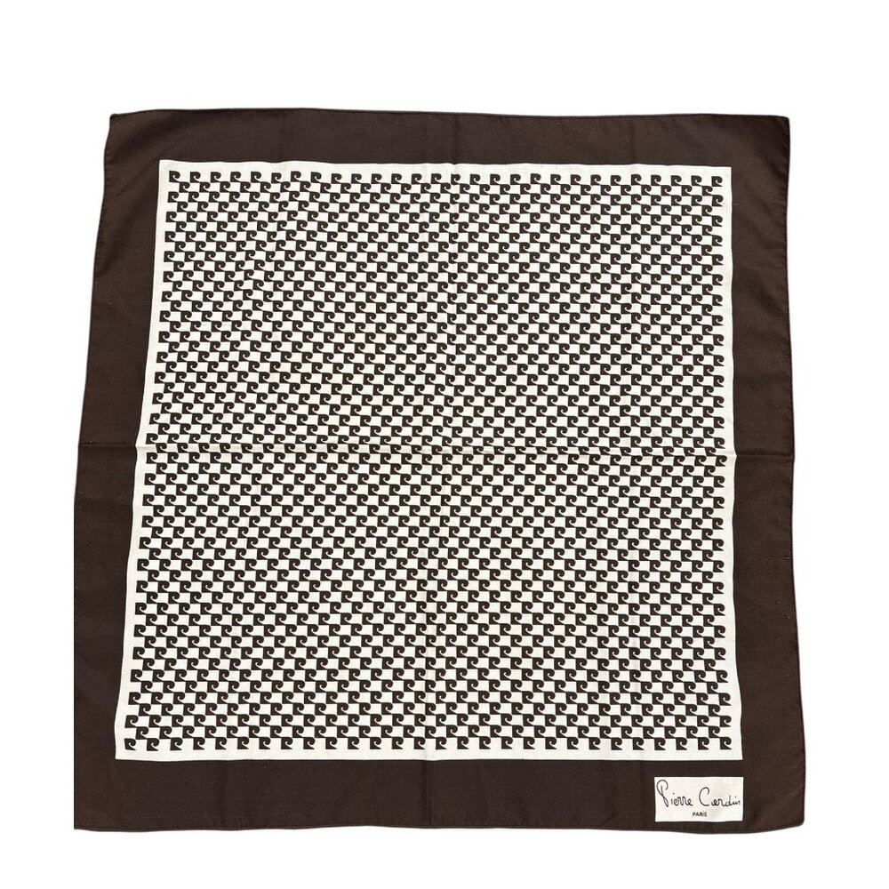 Vintage Pierre Cardin Paris Geometric Wave Print Silk Pocket Square Brown White